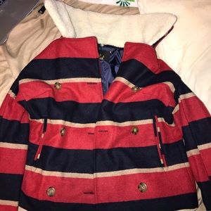 blue and red striped jacket with removable collar